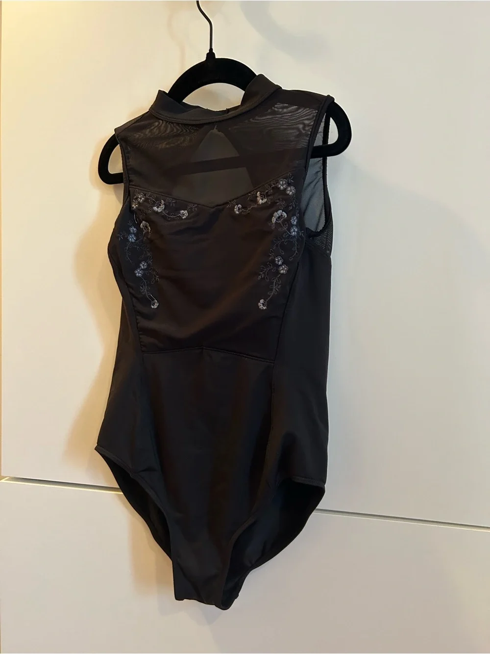 Bloch Black Sleeveless Mesh-Back Floral Embroidered Leotard - Child’s 12